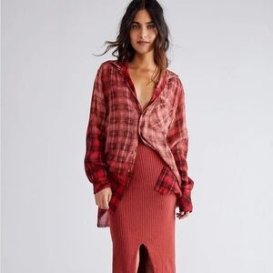 Free People one plaid ombre oversized gauze grunge S black red Fall